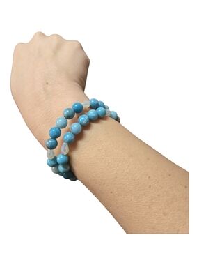 Natural Larimar Memory Wire Bracelet | Handmade Gemstone Stack 276